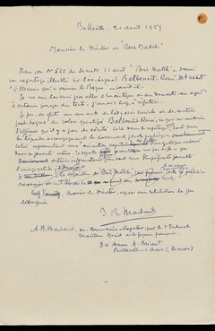 A. B. Marbaud, Projet de lettre au Directeur de Paris-Match, Belleville, 21 avril 1959