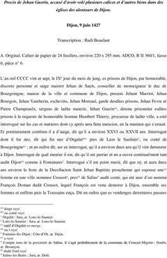 Procès de Jehan Guerin, accusé d’avoir volé plusieurs calices et d’autres biens dans des églises...