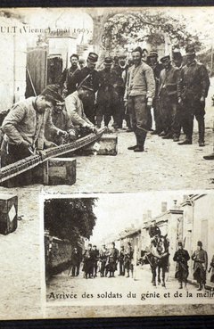 Crime d'Usseau près de Châtellerault. Arrivée des soldats du génie et de la mélinne [carte postale]